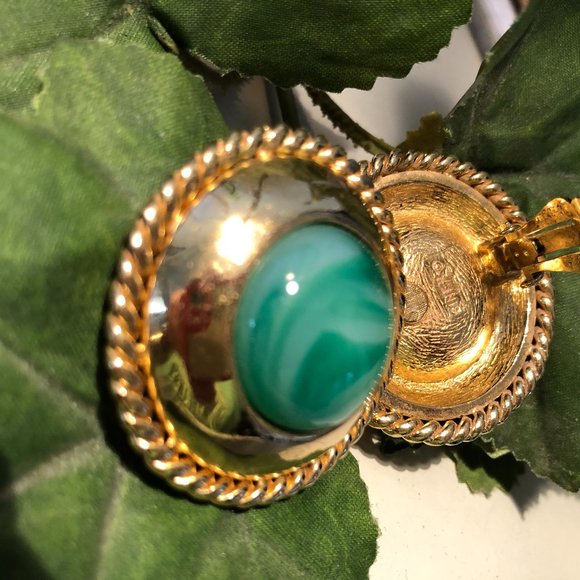 Vintage Ciner Gold Tone and Green Dome Earrings - Picture 2 of 5
